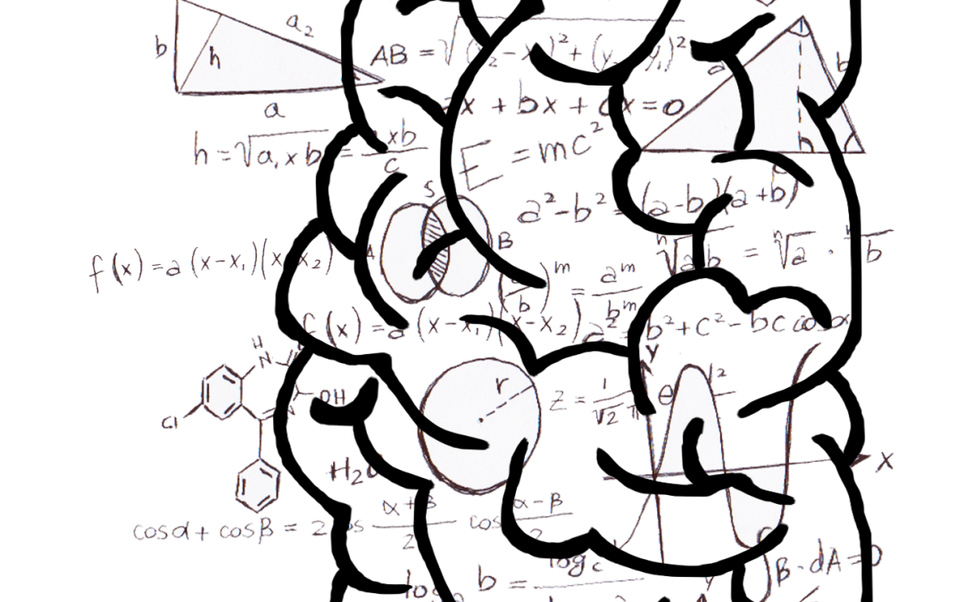 cerebro dibujado de negro con fondo blanco, con matemáticas y estadística, ¿Por qué la Estadística parece tan difícil en Psicología (y cómo empezar a entenderla)?